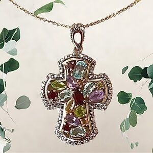 FAS Sterling Silver Gold Vermeil Gemstone Cross Pendant w/ Cable Chain Necklace 